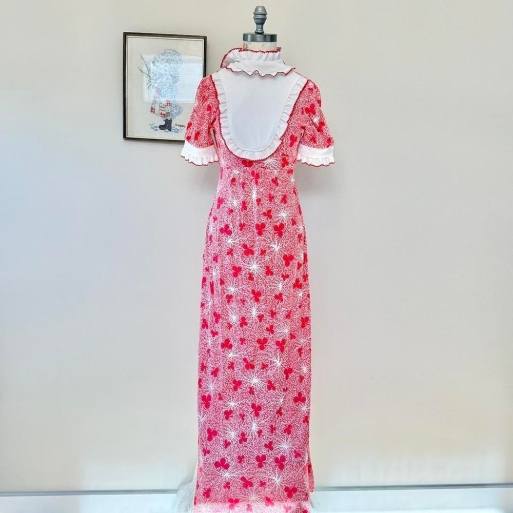 70s red floral maxi dress prairie cottagecore tie back romantic xs